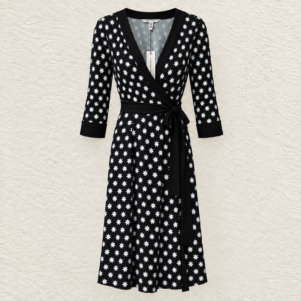 Diane Von Furstenberg Taurus Lucky Stars Silk Wrap Dress Black/Blue Sz 12 NEW